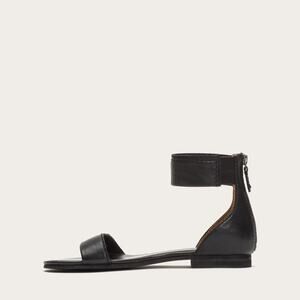 Frye Carson Black Leather Zip Ankle Strap Flat Sandals Size 6